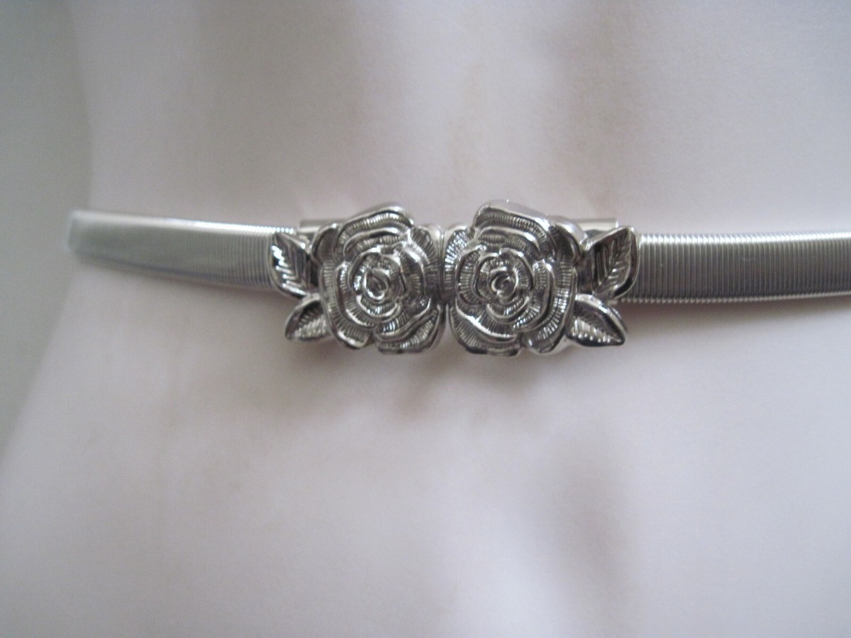Thin silver stretch belt Silver Hand Assembled 1cm Stretch Belt With Leaf Buckle  main image 2