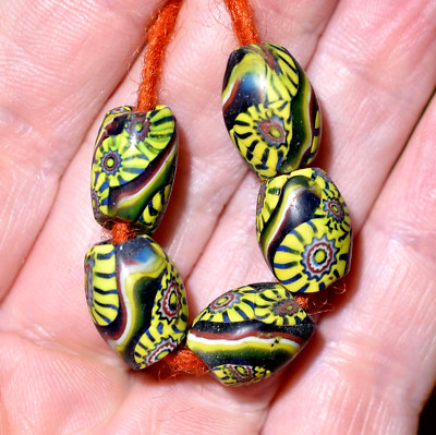 Antique Venetian Millefiori Cane Insert Oval Glass Beads W Stripes African Trade