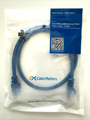 Cable Matters Cat 6 UTP 24 AWG Ethernet Patch Cable Blue 2 Feet 160001-BLU-2 New