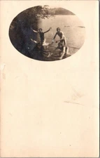 People Swimming RPPC Black & White Trees Water Postcard 