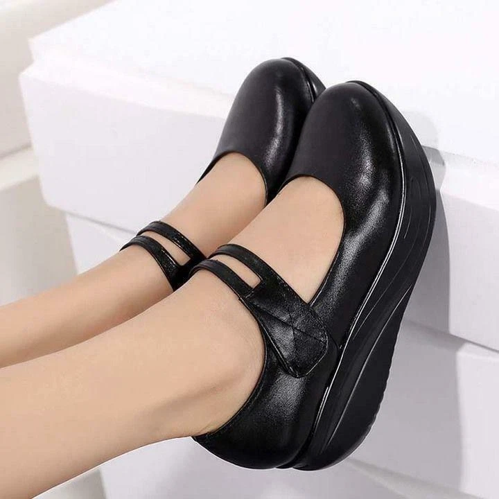 Women Casual Mary Jane Leather Nursing Shoes Round Toe Wedge Heels Pumps