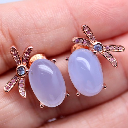 925 Plata de Ley 9 x 15 Mm. Mm. Lavanda Calcedonia & Sapphire Pendientes - Imagen 2 de 4