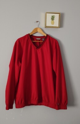 Windbreaker Jacket Men IZOD  Large Red Golf Pullover  2 Pockets V Neck  Comfort