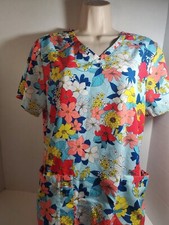 Dickies Blue Floral Line Art Women's Scrub Top Size Medium M Short Sleeved