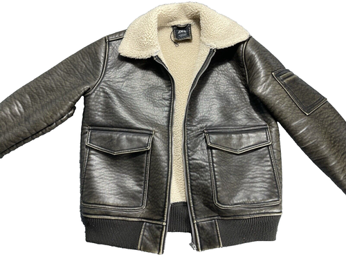 Zara Woman Brown Leather Jacket Full Zip Size 13-14 Fur Long Sleeves