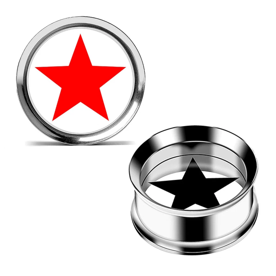 Flesh Tunnel Plug Piercing Intarsio Acciaio Inox Stella Rosso Nero Punk Rebell