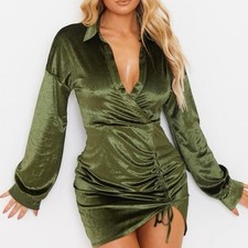 Pretty Little Thing Mini Dress Womens 6 Green Velvet Collared Mob Wife Vampy