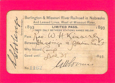 CLERGYMAN CLERICAL REVEREND BURLINGTON RAILWAY RR RY RAILROAD PASS 1893