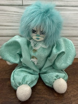 Vintage 1987 Q-Tee Clown Doll Aqua Teal Blue Rabbit Hair Handmade