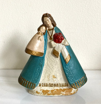Vintage 1930s Art Deco Madonna Mary Plaster Chalk Ware Statue Marked P.V. France