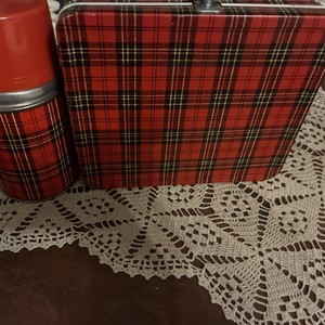 Vintage Aladdin Red Plaid Metal Lunch Box with Matching 8oz Thermos Set 