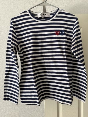 Comme des Garcons PLAY Striped Long Sleeve T-Shirt Navy White Double Heart Small