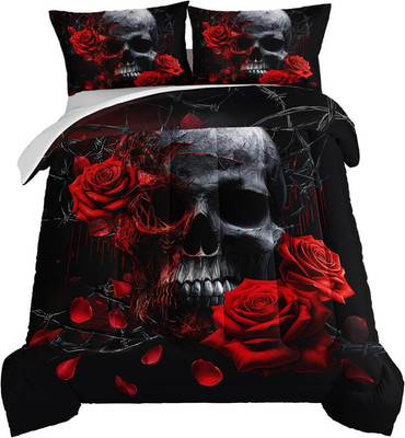 Gothic Death Skull Comforter Set with Red Roses, Queen Size Bedding for Teens