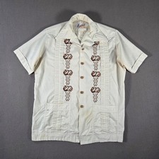 Vintage Guayabera Shirt Mens Medium White Meridana Pleated Embroidered Mexico