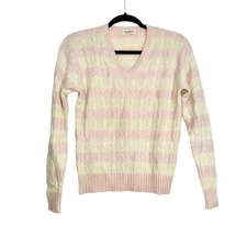 Hawick Cashmere V-Neck Cable Knit Stripe Pink Cream Sweater MEDIUM