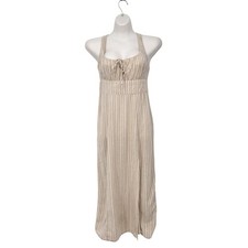 American Eagle Linen Blend Stripe Halter Dress Taupe Orchid Slit Smocked size S