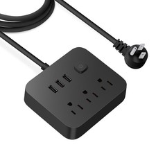Flat Plug Power Strip with 3AC Outlets 3 USB Port Protector Extension Cord 4FT