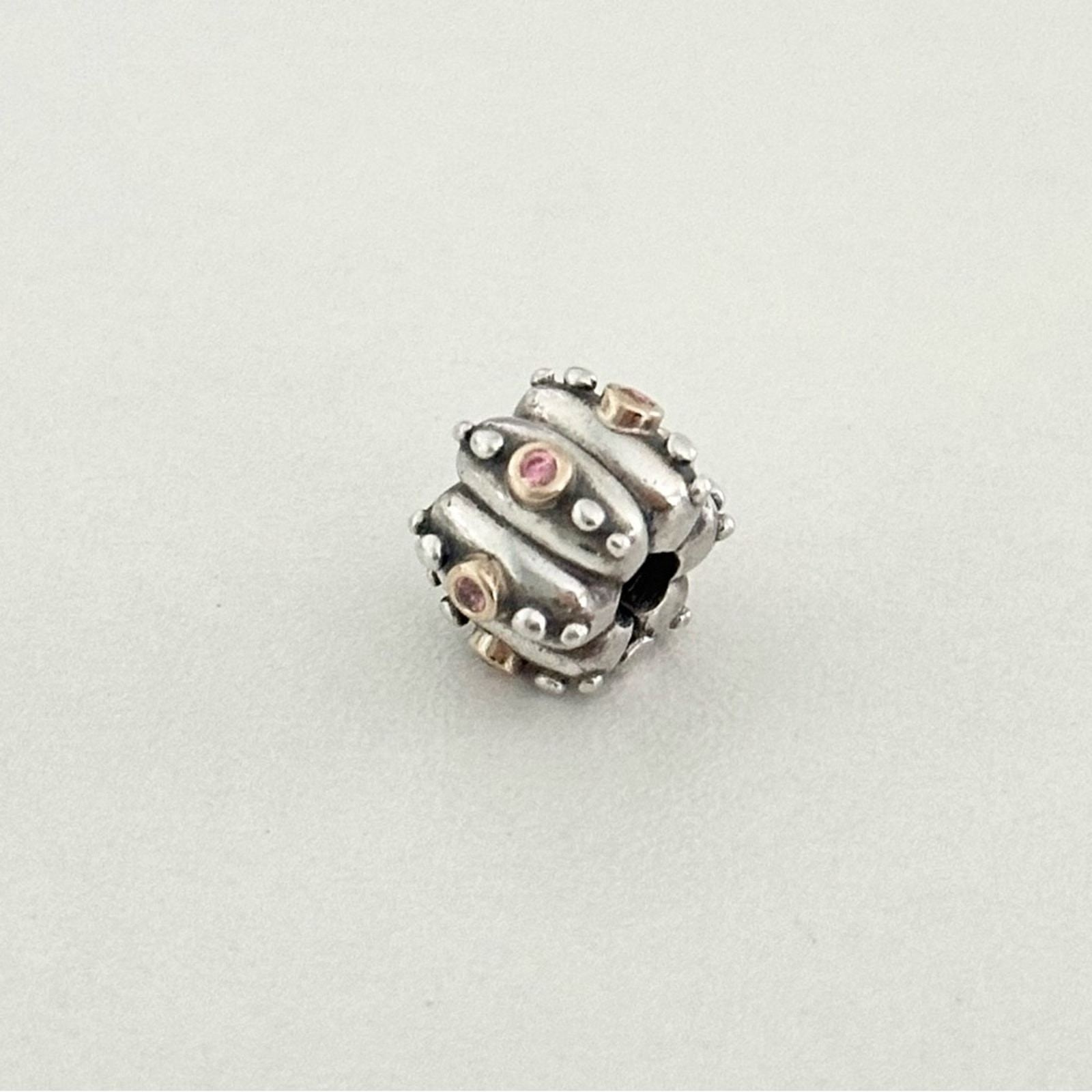 Pandora Retired Rare 925 Silver & 14K Gold 2-Tone Salmon Pink CZ Fusion Clip Charm Bead