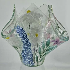 Suzanne Esko fused art glass double handkerchief Vase Enameled Spring Flowers