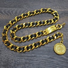 CHANEL Gold Plated Black Leather CC Logos Coin Vintage Chain Belt 1186c Rise-on