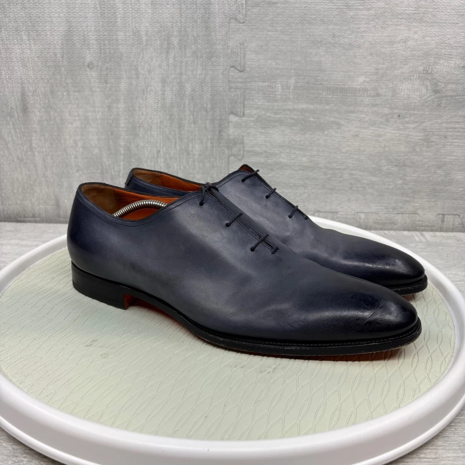 Sapatos sociais Santoni 2152 mão envelhecida biqueira lisa bal Oxford azul ombre couro - Imagem 3 de 4
