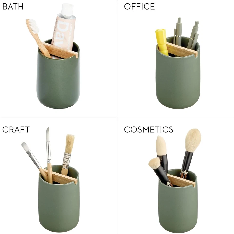 Soporte para cepillo de dientes de cerámica con divisor de madera de paulownia musgo/madera natural Foto 4 de 4