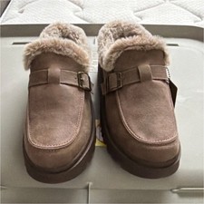 Brown Suede Clog Slippers with Faux Fur Lining and Buckle for Women