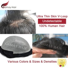 Human Hair Mens Toupee Invisible Ultra Thin Skin PU Hair Replacement Poly System