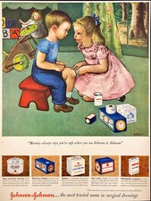 1949 Johnson & Johnson Two Young Kids Vintage Print Ad Surgical Dressings