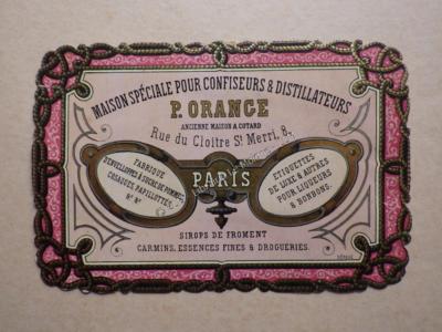 1875.Trade Card Werbung Druckerei Orange Spezial Konditor Destillator.
