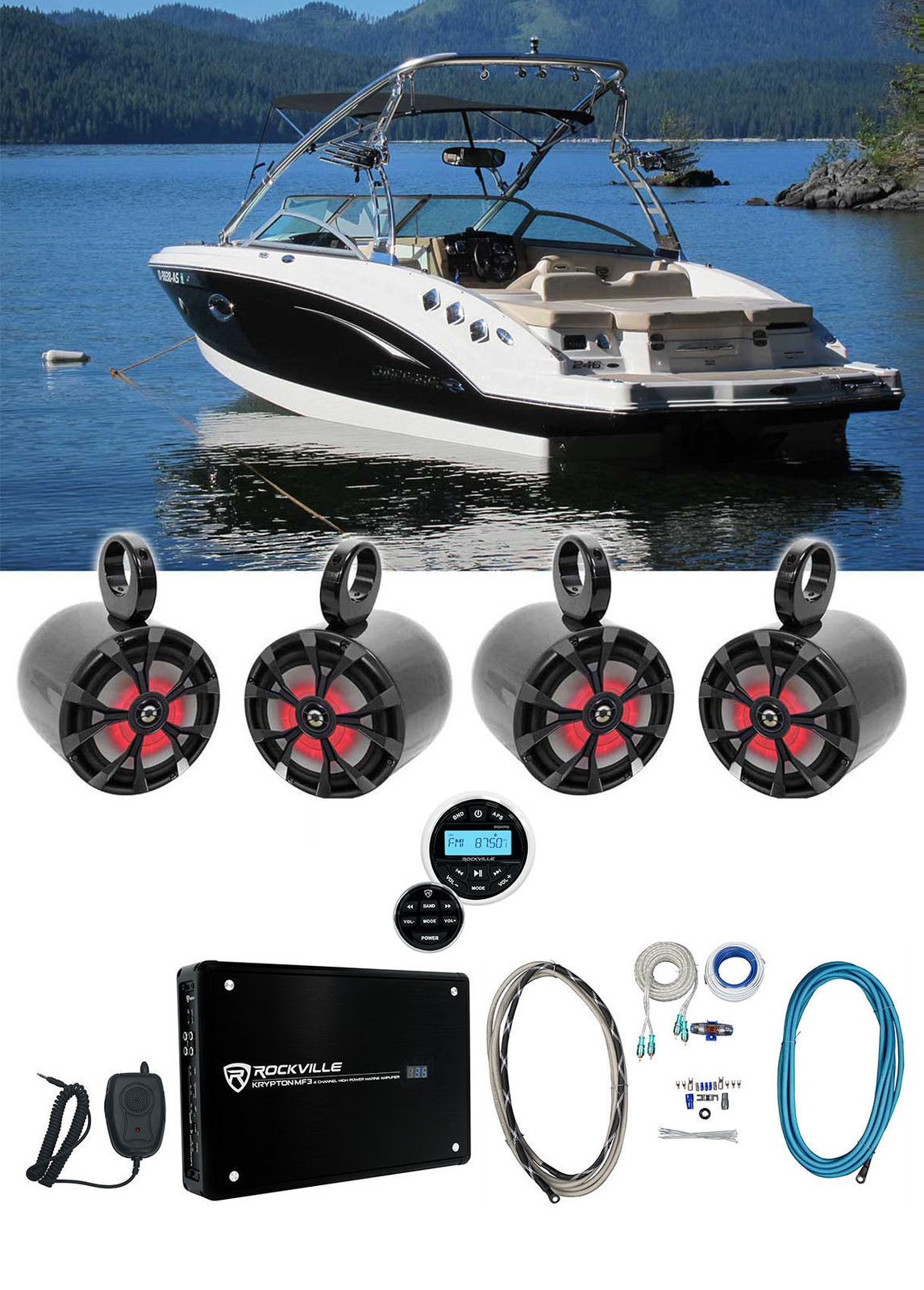 4 Светодиодные колонки для морского вейкборда Rockville 8 Black Ресивер Усилитель Комплект усилителей 112790₽