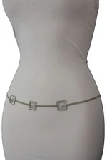 Women Fashion Belt Hip High Waist Silver Thin Metal Chains Narrow Geometric S M