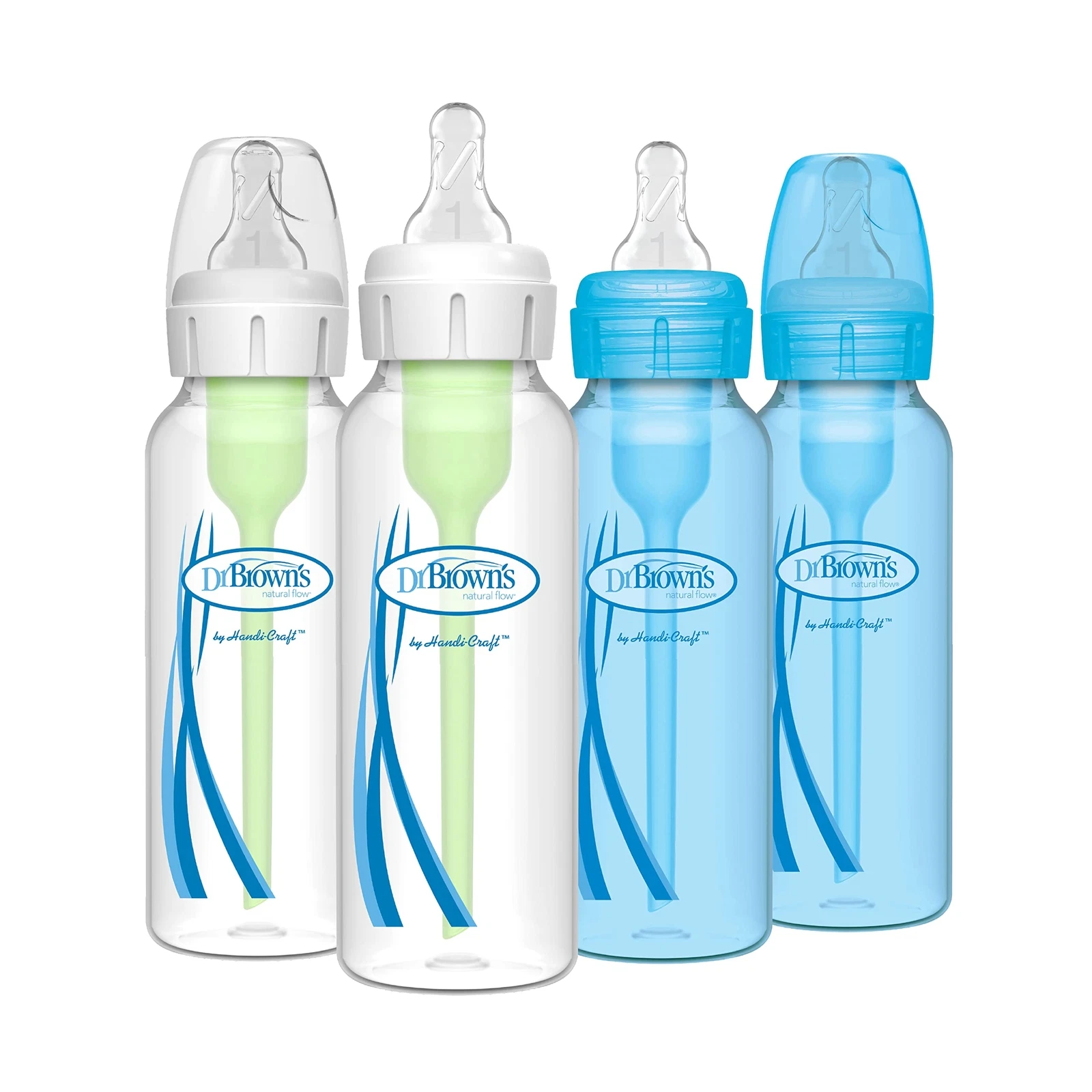 Dr Brown's Anti Colic Baby Bottle 8oz Blue Pack of 4 Silicone Nipples