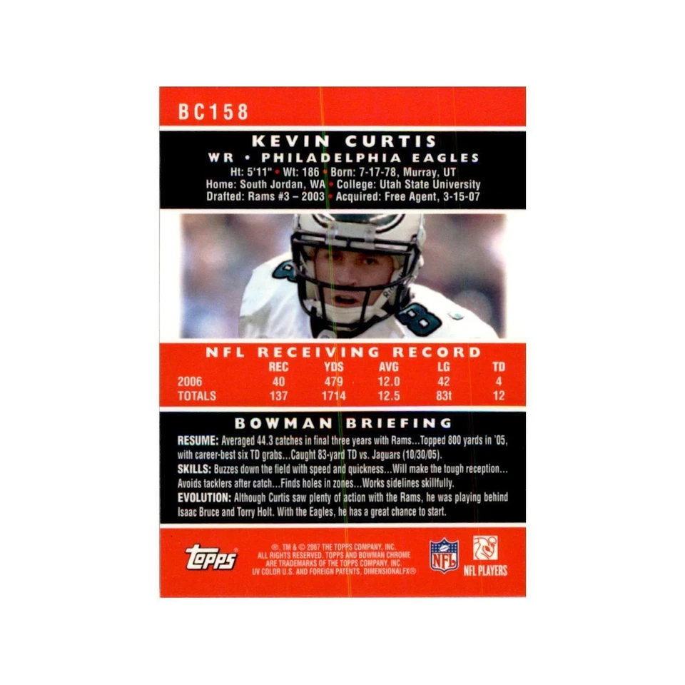 2007 Bowman Chrome Kevin Curtis Football Cards #158 - Image 2 of 3