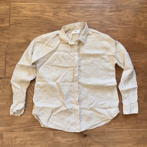 Uniqlo Premium Linen Striped Long-Sleeve Shirt Size S Beige/White Button Up