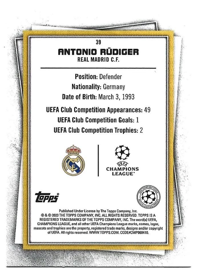 2022-23 UEFA Club Competitions Superstars Antonio Rudiger RARE Foil Real Madrid - Image 2 of 2