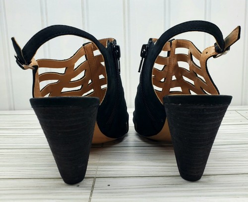 Audrey Brooke 6 Katherine Black Leather Peep Toe Sandals Heels 3" Zip Up Shoes - Picture 6 of 12