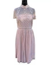 ASOS Pink Beaded Dress Sz 10 Large Embellished Midi Sheer Flutter Sleeve A Line