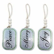 Peace, Merry, and Joy Christmas Tree Ornaments - Set of 3 Metal Tags Peace Joy