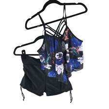 Womens Tankini Set Removable Cups Cropped Strappy Ruched Shorts Black XL