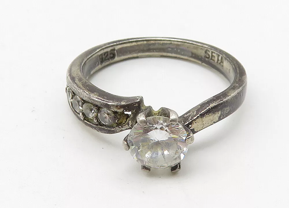 SETA 925 Sterling Silver Vintage Prong Set Topaz Solitaire Ring