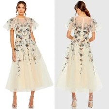 Mac Duggal 20510 Flutter Sleeve High Neck Embellished Tea Length Dress Sz 8 Nude