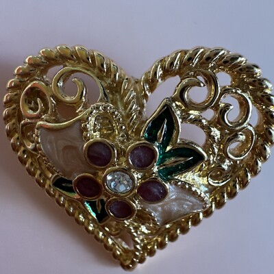 Floral Heart I Love You Rhinestone Enamel Flower Gold Tone Brooch アイラブユーのブローチ