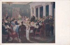 RUSSIA 1930s Color Art Postcard: "Students of Military Academy at the dinner"