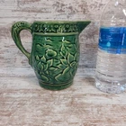 McCoy Green Glazed Stonewear Pitcher Embossed Lily Pads Fish Shaped Handle 1930s