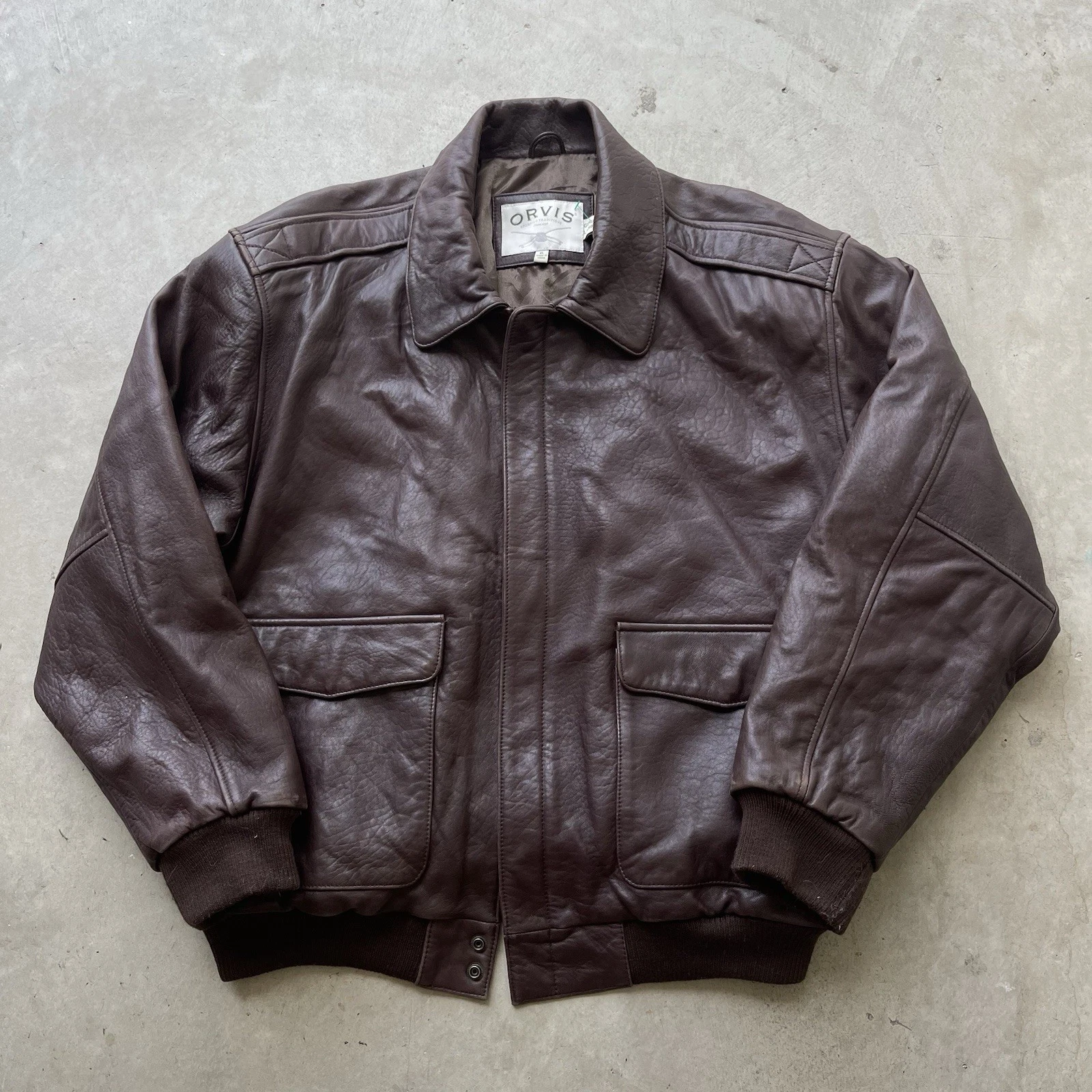Men’s Orvis Lambskin Leather Bomber Jacket Flight A-2 XL Brown Zip Coat Flaw