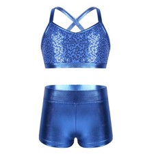 Kids Girls Metallic Sleeveless Gymnastics Ballet Cross Back Tops with Shorts Set