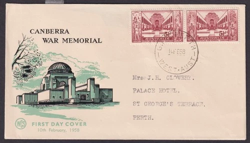 AFD6542M) Australia 1958 5½d War Memorial on Wesley FDC. Addressed. GPO Perth,
