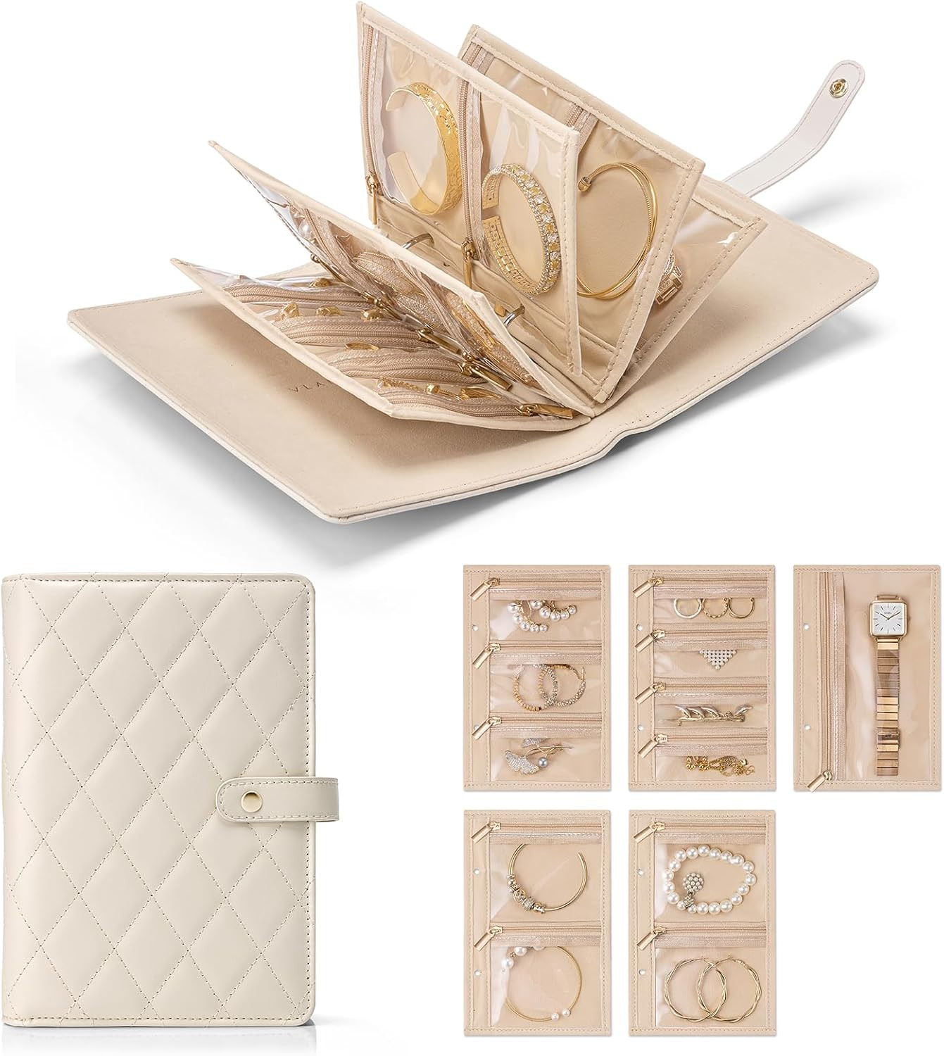 Organizador de Joyeria para Viaje de Color Blanco Crema con Bolsas de Terciopelo