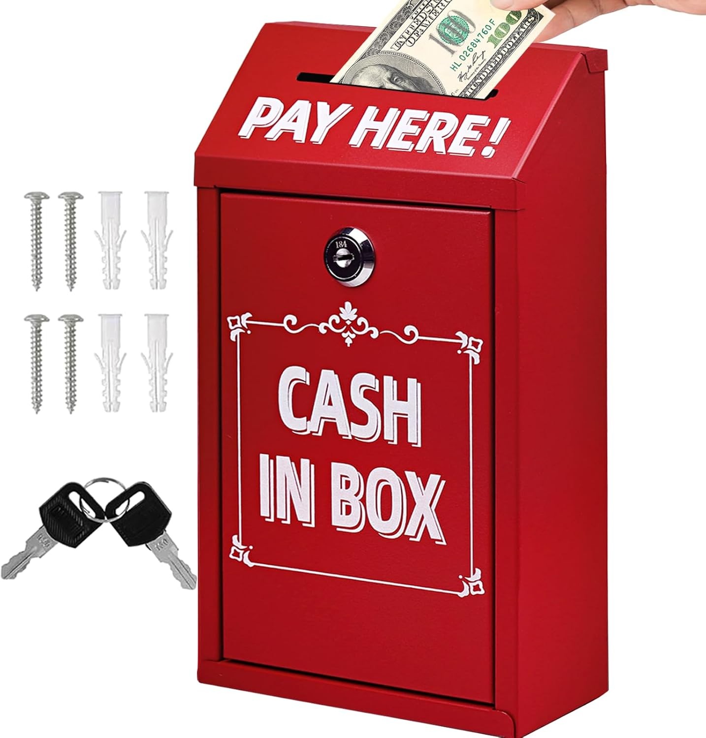 Metal Locking Donation Box with Drop Slot and Red Key for Secure Money Collection